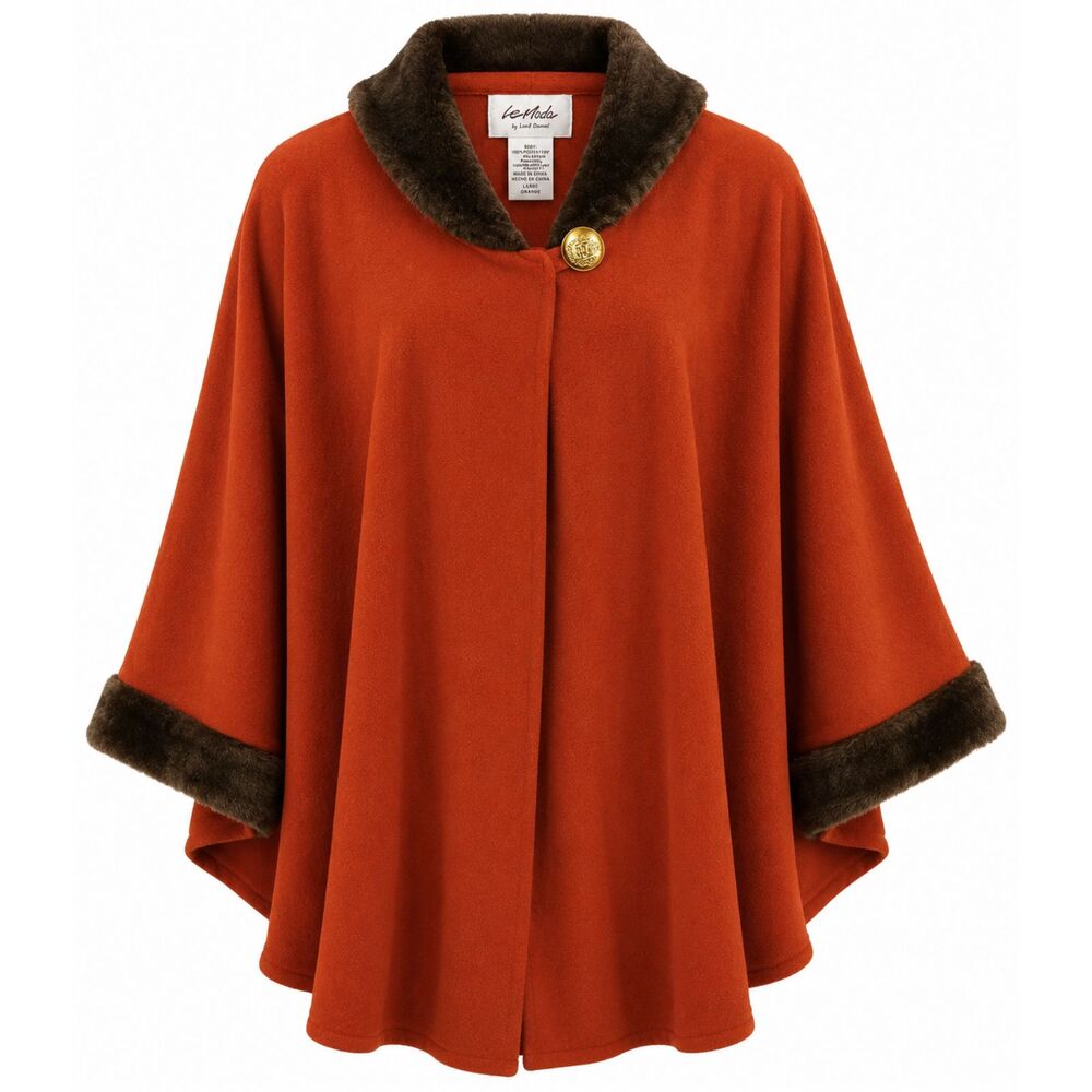 Le Moda Faux Fur Trim Cape Poncho Rust Orange Women's Large